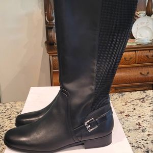 ISAAC MIZRAHI LEATHER/TEXTILE RIDING BOOTS (WIDE CALF) - BLACK